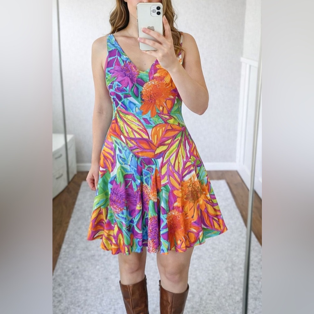 Ralph Lauren Purple Orange Teal Floral Flounce Hem V Neck Back Dress 6 Tropical